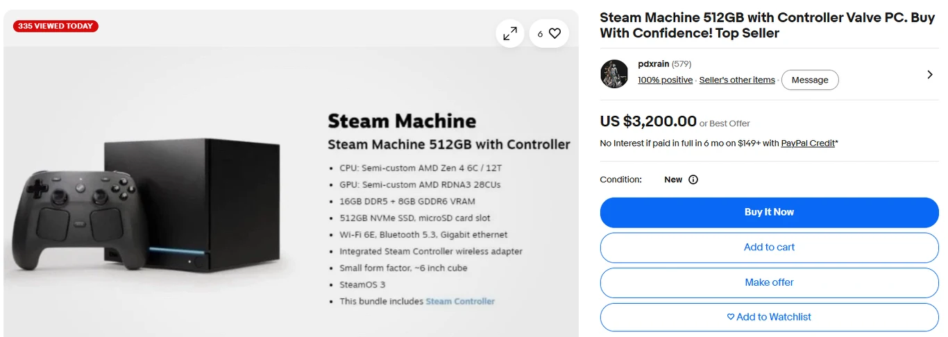 jedna z najwyższych ofert / źródło: eBay Czarna konsola Steam Machine z dołączonym bezprzewodowym kontrolerem Steam Controller, wyeksponowana na jasnym tle obok wyszczególnionych parametrów technicznych urządzenia.