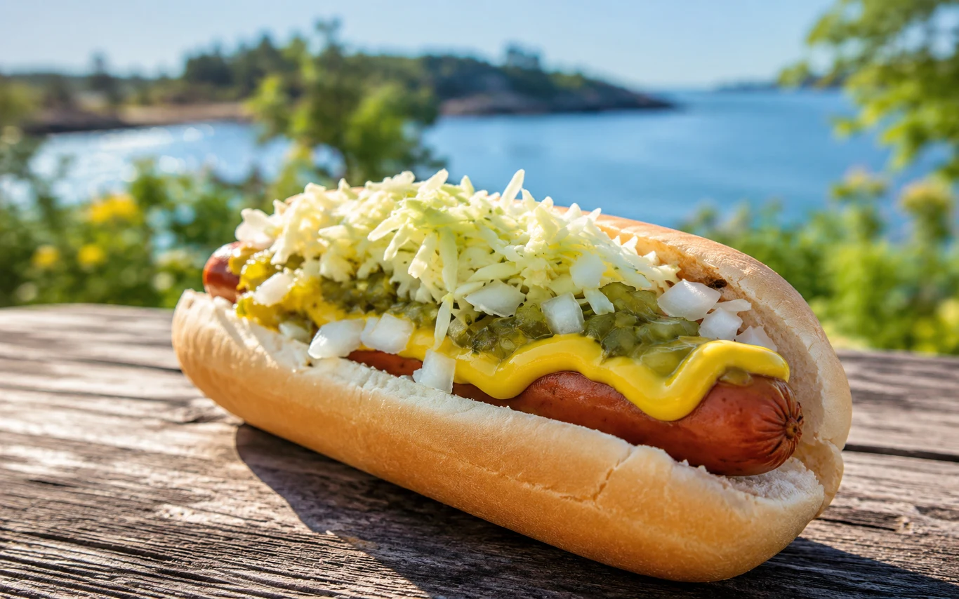 Zapomnij o ketchupie. Ten hot-dog z Montrealu smakuje genialnie z innym dodatkiem Hot-dog montrealski w bułce z musztardą, cebulą i ogórkiem na drewnianym stole nad jeziorem.