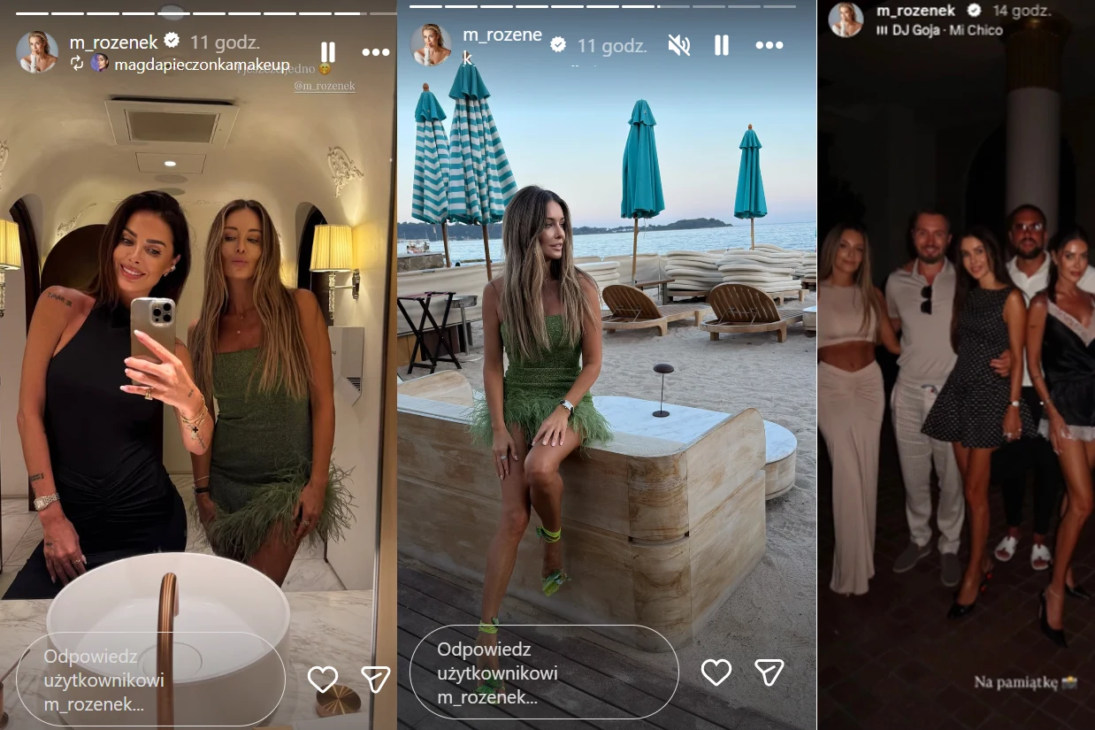 Dwie elegancko ubrane kobiety pozujące razem przed lustrem, kobieta w zielonej sukience siedząca na betonowym siedzisku na tle plaży z charakterystycznymi turkusowymi parasolami oraz grupa pięciu osób stojących razem w wieczorowych stylizacjach w ciemn...