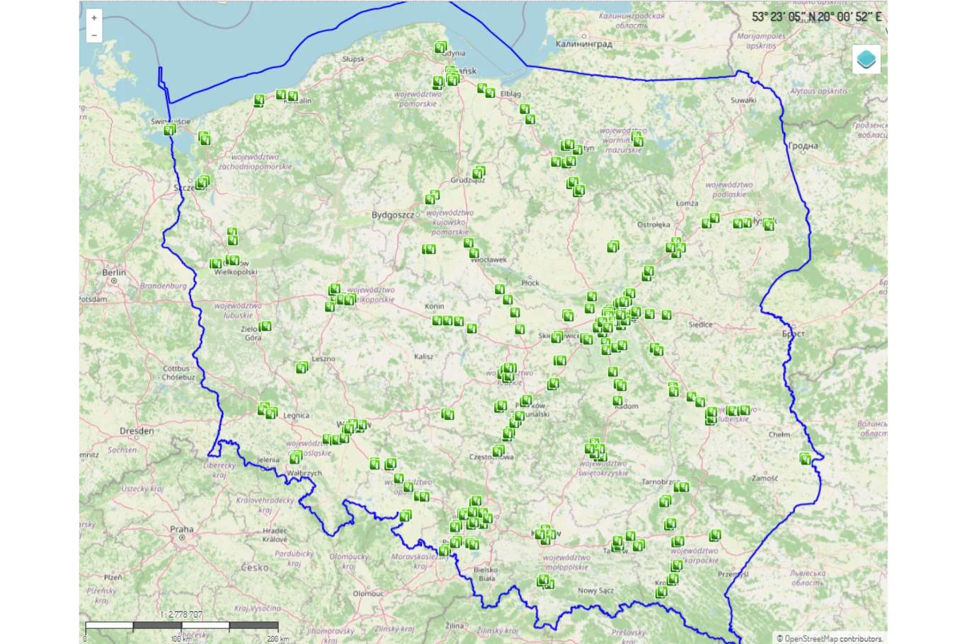 Aktualna mapa OPP w Polsce. Mapa Polski z zaznaczonymi punktami rozmieszczenia licznych stacji lub obiektów, oznaczonych zielonymi ikonami rozmieszczonymi w różnych regionach kraju.