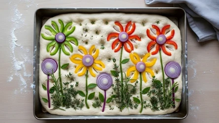 Pyszna focaccia z kolorowymi kwiatami z papryki i czerwonej cebuli 
