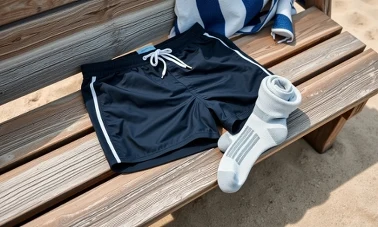 Męskie szorty kąpielowe i skarpety sneaker na drewnianej ławce nad morzem 