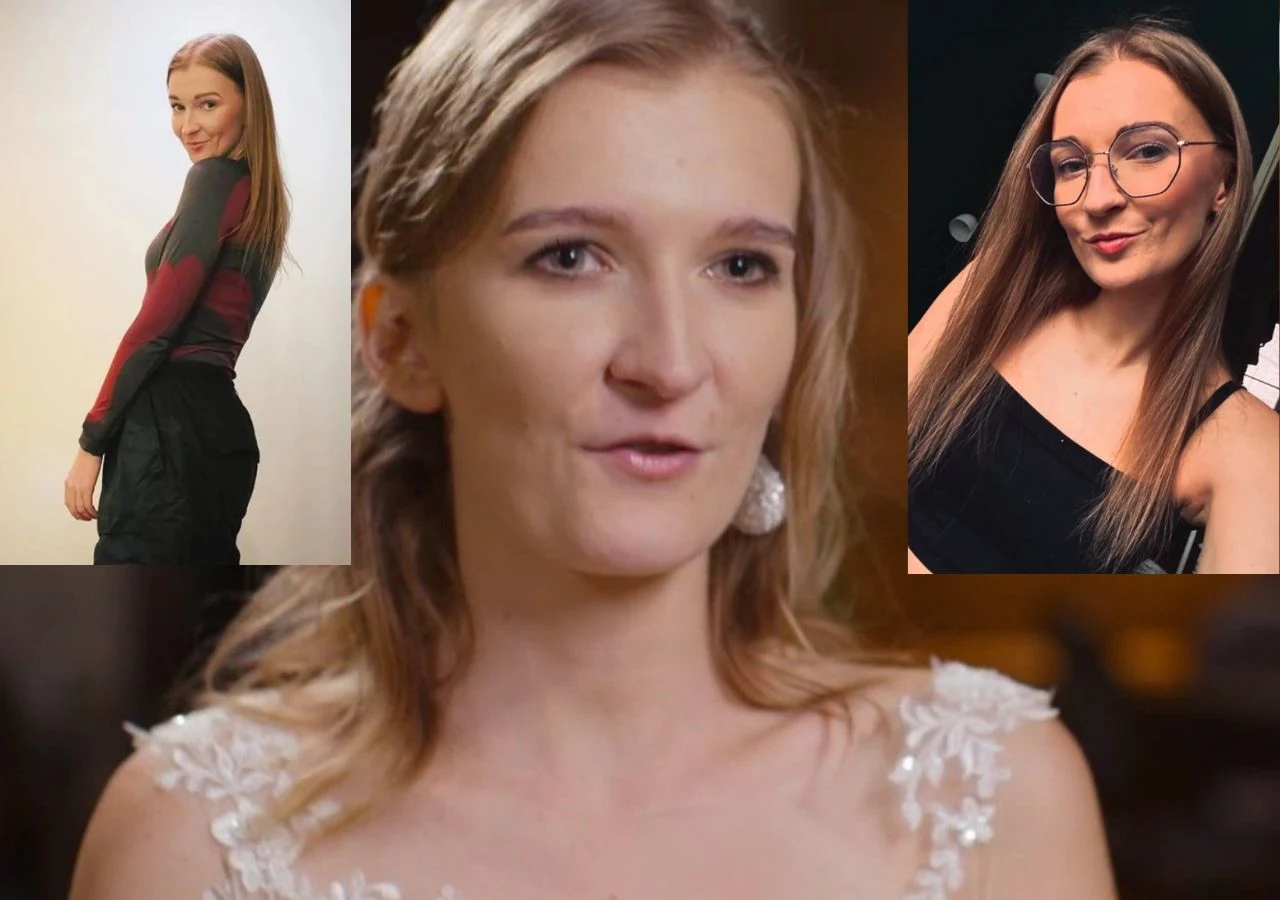 Trzy kobiety o długich, jasnych włosach, w różnych stylizacjach: na pierwszym planie osoba w białej sukni z koronkowymi ramiączkami, po lewej kobieta w obcisłej bluzce z długim rękawem i czarnych spodniach, po prawej uśmiechnięta kobieta w czarnej suki...