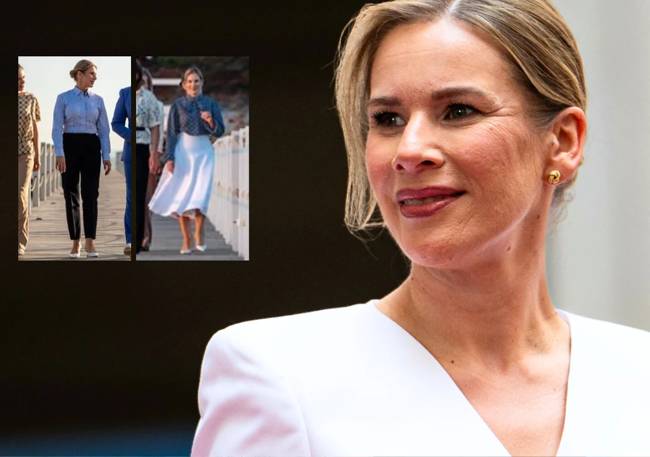Uśmiechnięta kobieta w eleganckim stroju na pierwszym planie, w tle dwa mniejsze zdjęcia tej samej osoby w różnych stylizacjach – formalnej z jasnoniebieską koszulą i czarnymi spodniami oraz bardziej letniej z białą spódnicą i niebieską chustką.