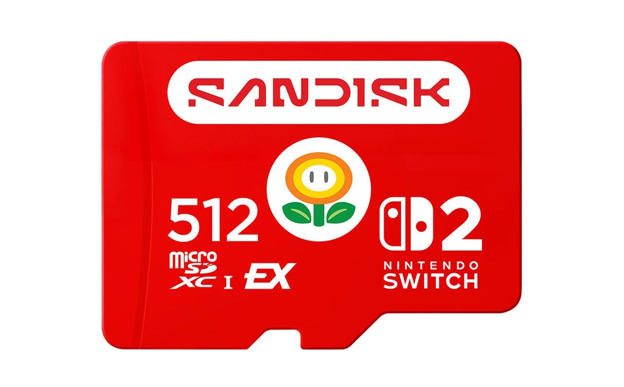 Czerwona karta pamięci microSD marki SanDisk o pojemności 512 GB z logotypem Nintendo Switch oraz grafiką kwiatka z serii gier Mario.