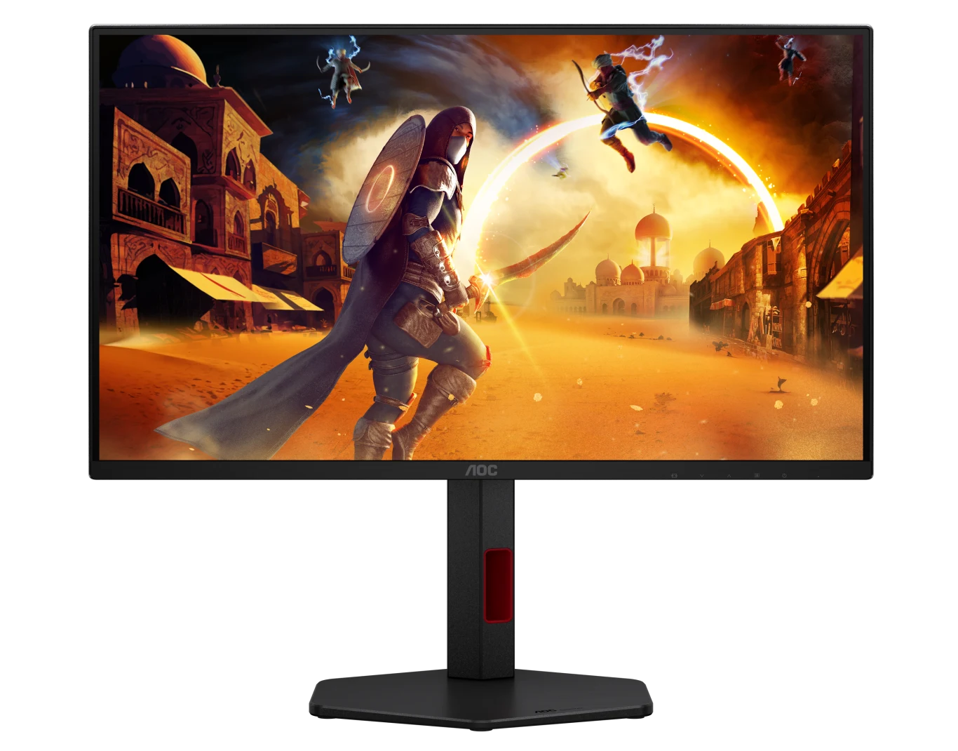 AOC Gaming 25G4ZR Monitor AOC Gaming 25G4ZR wyświetlający grę z wojownikiem w zbroi na tle miasta z kopułami i zachodem słońca.
