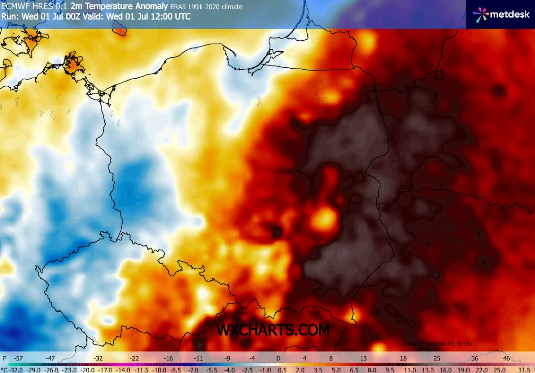 Intensywne odcienie czerwieni i brązu obejmujące wschodnią część Polski i sąsiadujące kraje wskazują na znacznie podwyższone anomalie temperatury, podczas gdy zachodnia część regionu pokryta jest kolorami niebieskimi i białymi, sugerującymi niższe odch...