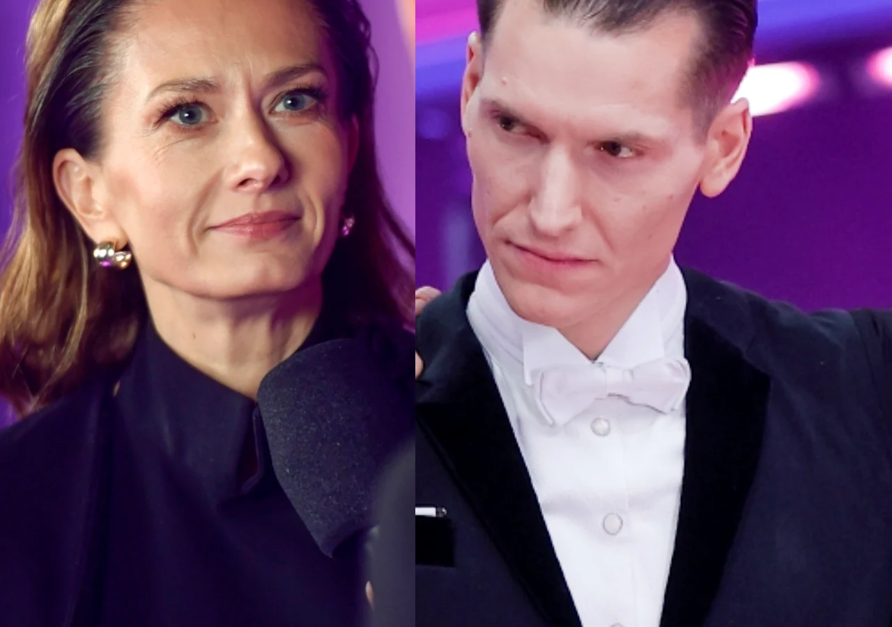 Anita Sokołowska, Jacek Jeschke Anita Sokołowska i Jacek Jeschke w eleganckich strojach na tle fioletowego oświetlenia.