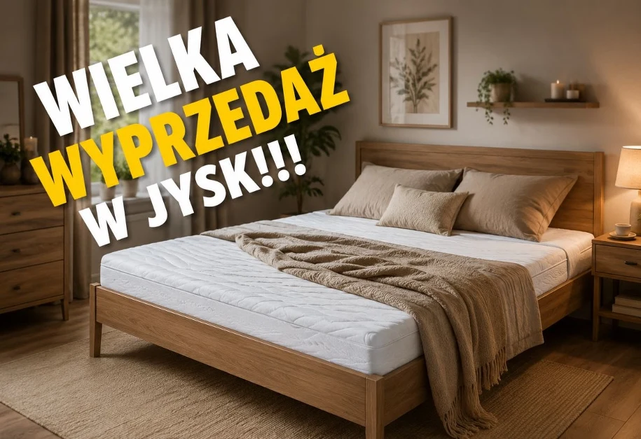 Wyprzedaż w Jysk — materace i meble do sypialni Wyprzedaż w Jysk do −70% — sypialnia z drewnianym łóżkiem i materacem