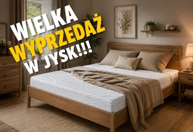 Wyprzedaż w Jysk do −70% — sypialnia z drewnianym łóżkiem i materacem