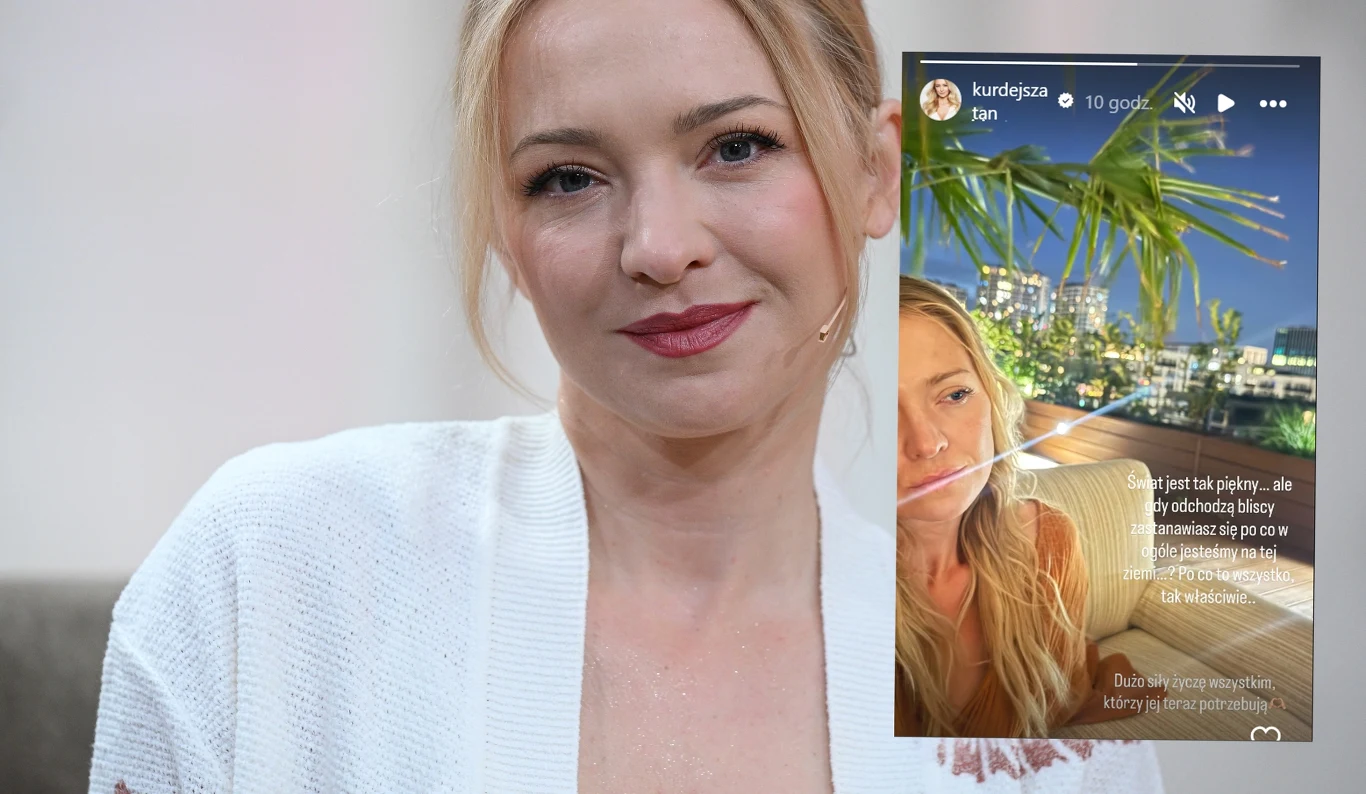 Uśmiechnięta blondynka w białym swetrze, obok widoczna relacja z mediów społecznościowych przedstawiająca ją na tle wieczornego miasta z palmą w kadrze.