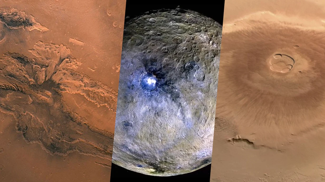 Rekordziści Układu Słonecznego. Te obiekty i struktury są największe. Trzy powierzchnie ciał niebieskich: kanion Valles Marineris, powierzchnia Ceres, Olympus Mons.