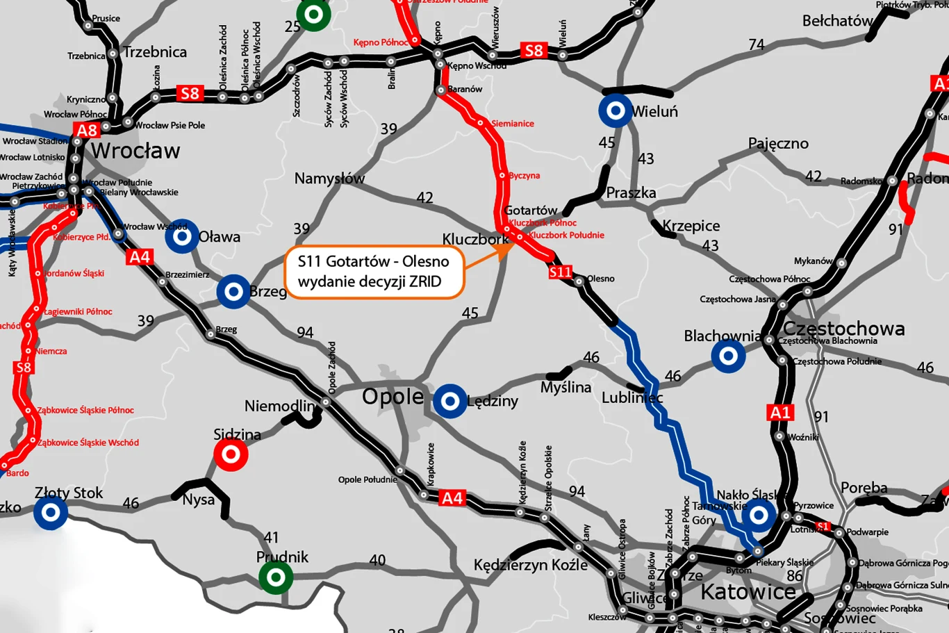 S11 w Opolskiem z decyzją ZRID. Rusza budowa nowego odcinka Mapa dróg południowo-zachodniej Polski z zaznaczoną trasą S11 Gotartów-Olesno.