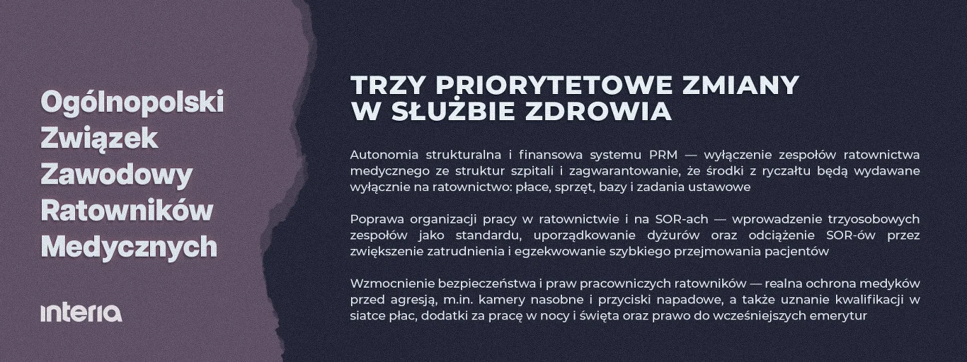 Informacje o trzech priorytetowych zmianach w służbie zdrowia wraz z opisami proponowanych działań, nazwą Ogólnopolskiego Związku Zawodowego Ratowników Medycznych oraz logotypem interia.