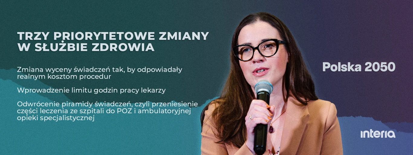 Trzy priorytetowe zmiany w służbie zdrowia według Polski 2050, fot. źródłowa: Martyna Niećko / Agencja Wyborcza.pl Kobieta w okularach przemawia do mikrofonu na tle planszy prezentującej trzy priorytetowe zmiany w służbie zdrowia proponowane przez Polskę 2050, obejmujące nową wycenę świadczeń, limitowanie godzin pracy lekarzy oraz zmianę modelu świadczeń pomiędzy s...