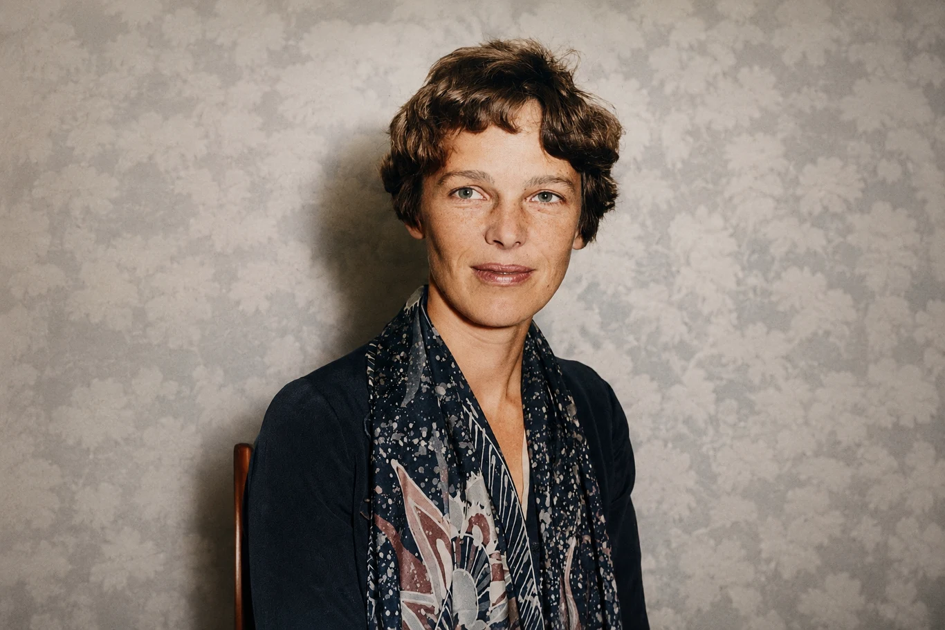 Amelia Earhart w 1928 roku Amelia Earhart w krótkich brązowych włosach, w marynarce i wzorzystym szaliku, siedzi na krześle.
