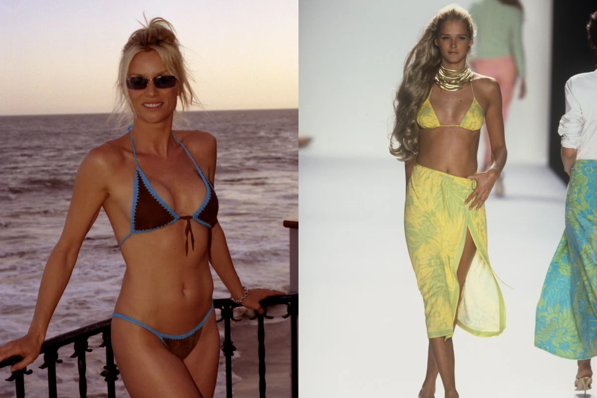 Trendy z lat 90. wracają. Fot. Thomas Iannaccone/WWD/Penske Media, Roxanne McCann Kobieta w bikini z niebieskimi i brązowymi akcentami stoi na tle morza, druga kobieta prezentuje żółty strój plażowy na wybiegu mody.