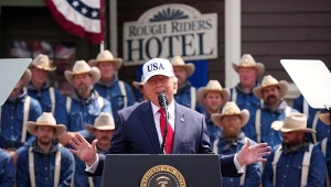 Donald Trump w Dakocie Północnej podczas uroczystości otwarcia Biblioteki Prezydenckiej im. Theodore’a Roosevelta.