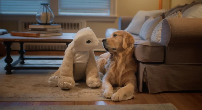Golden retriever leży obok dużej białej pluszowej zabawki przypominającej fokę, oparty o kanapę w przytulnie urządzonym salonie.