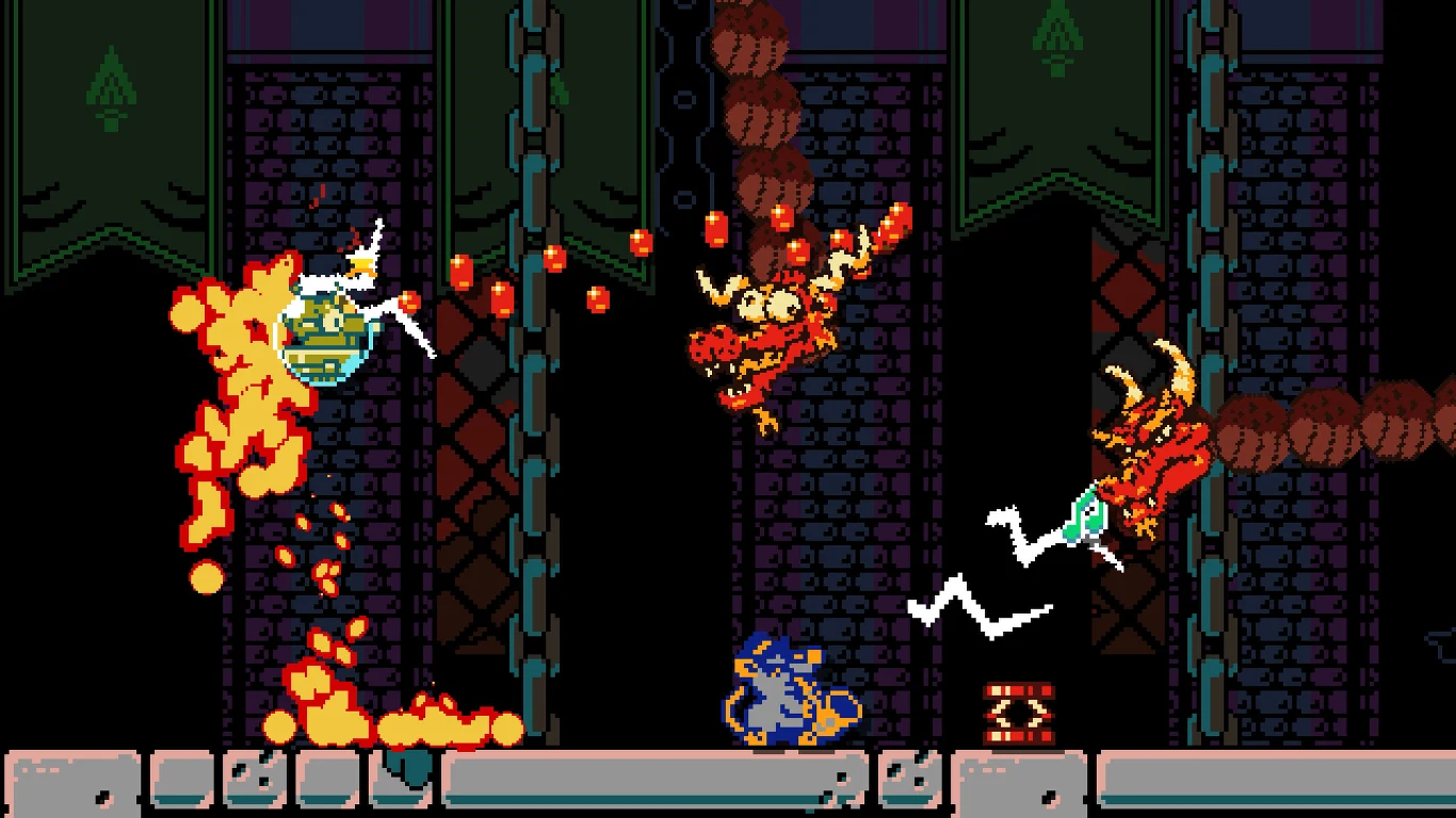 Dark Scrolls Pixelartowa scena walki z potworami — ognisty smok ziejący płomieniami w lewą stronę, elektryczny smok rażący błyskawicą po prawej, niebieski wojownik unikający ataków na dole ekranu.