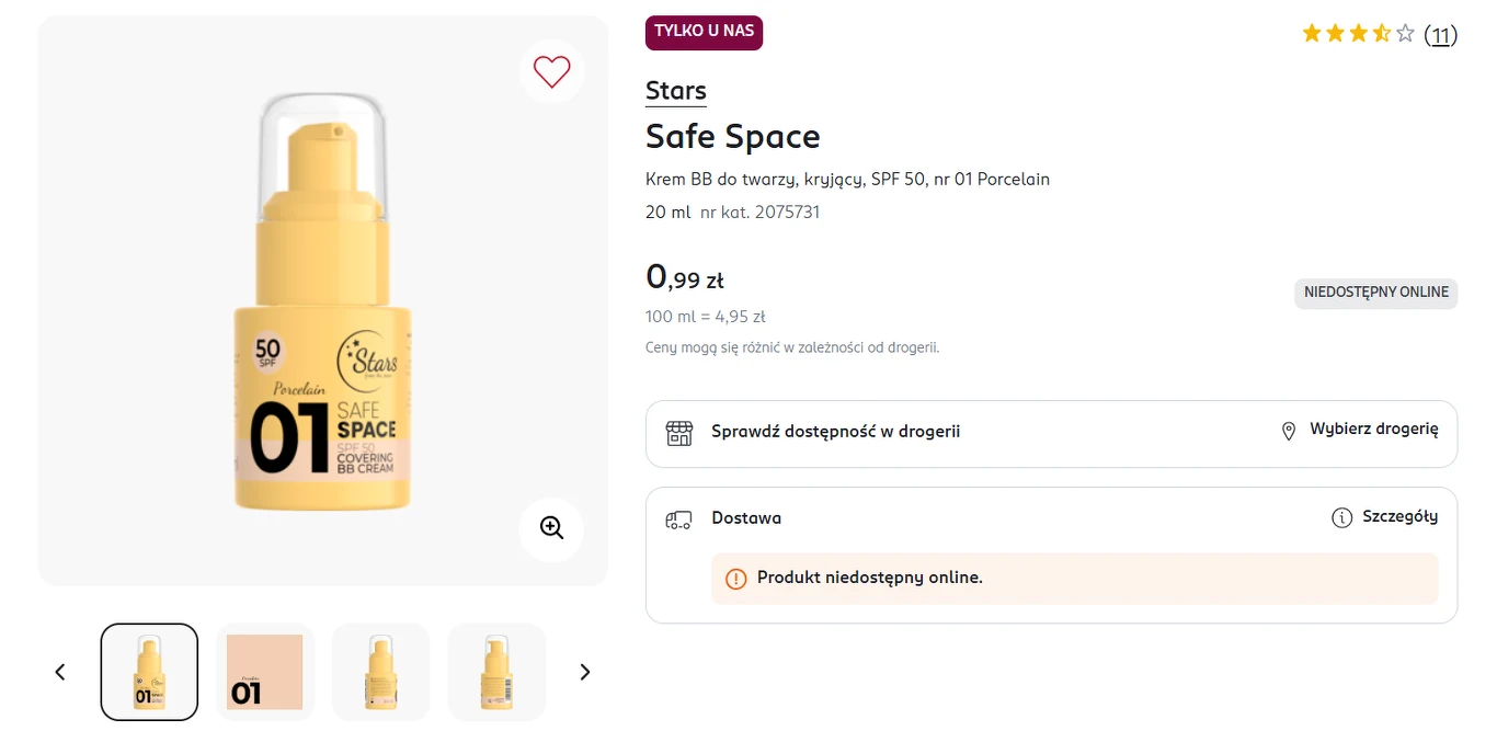 Krem BB do twarzy Safe Space w żółtym opakowaniu z pompką, oznaczony numerem 01 oraz SPF 50, prezentowany na stronie internetowej z informacją o niedostępności produktu online.