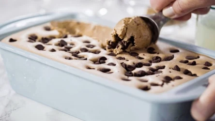 Homemade chocolate ice cream in a baking pan.