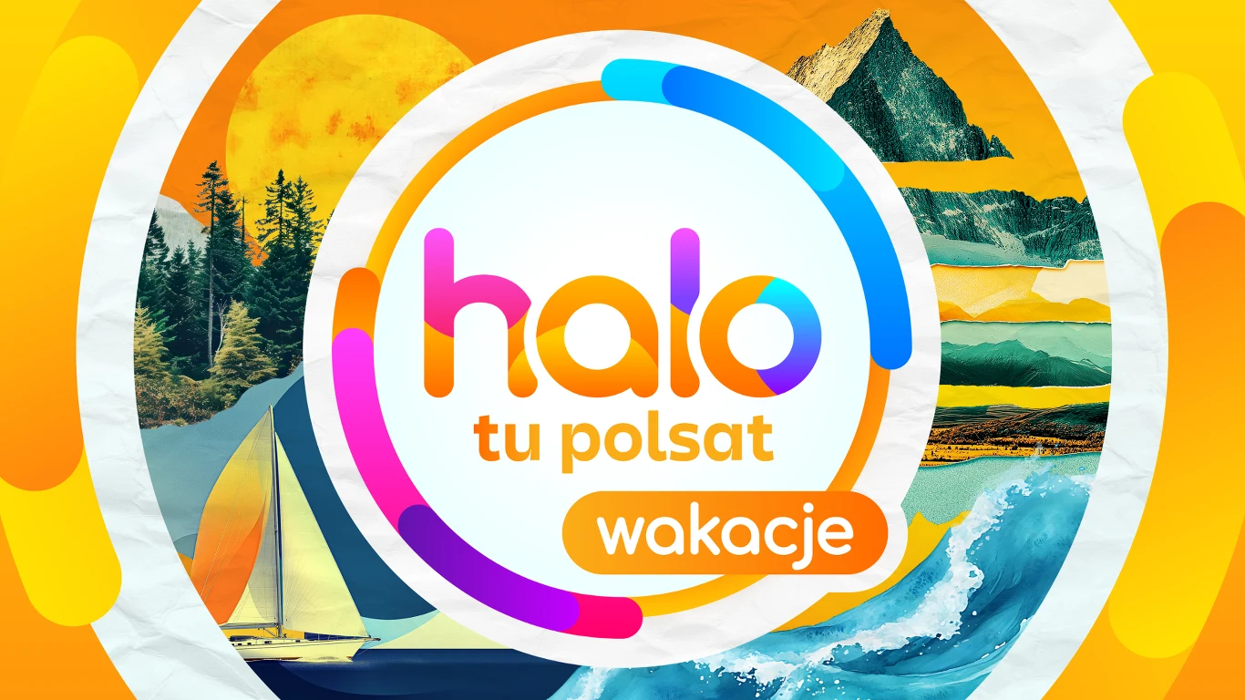 halo tu polsat wakacje Tęczowe logo „halo tu Polsat wakacje” otoczone grafikami przedstawiającymi góry, lasy, morze, żaglówkę oraz letnie słońce, wkomponowane w dynamiczne, letnie tło z intensywnymi kolorami.