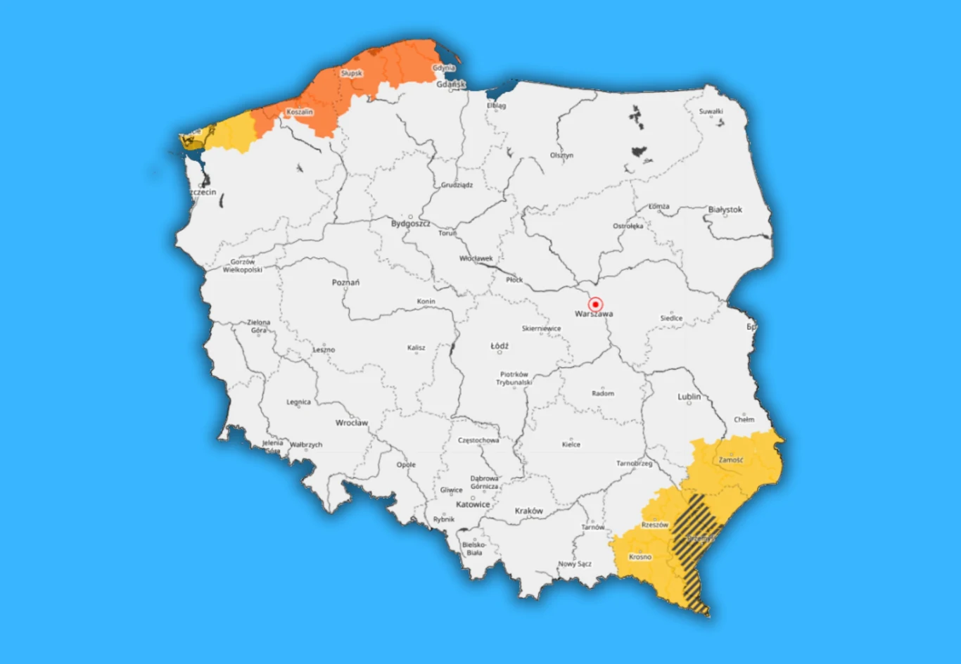 Mapa Polski z zaznaczonymi na pomarańczowo i żółto obszarami nad Bałtykiem oraz w południowo-wschodniej części kraju, wskazującymi wybrane regiony przygraniczne i nadmorskie.