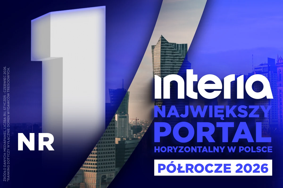 Grupa Polsat-Interia największym portalem w I półroczu 2026 Duża cyfra 1 i napis „Interia największy portal horyzontalny w Polsce półrocze 2026” na tle miasta z wieżowcami.