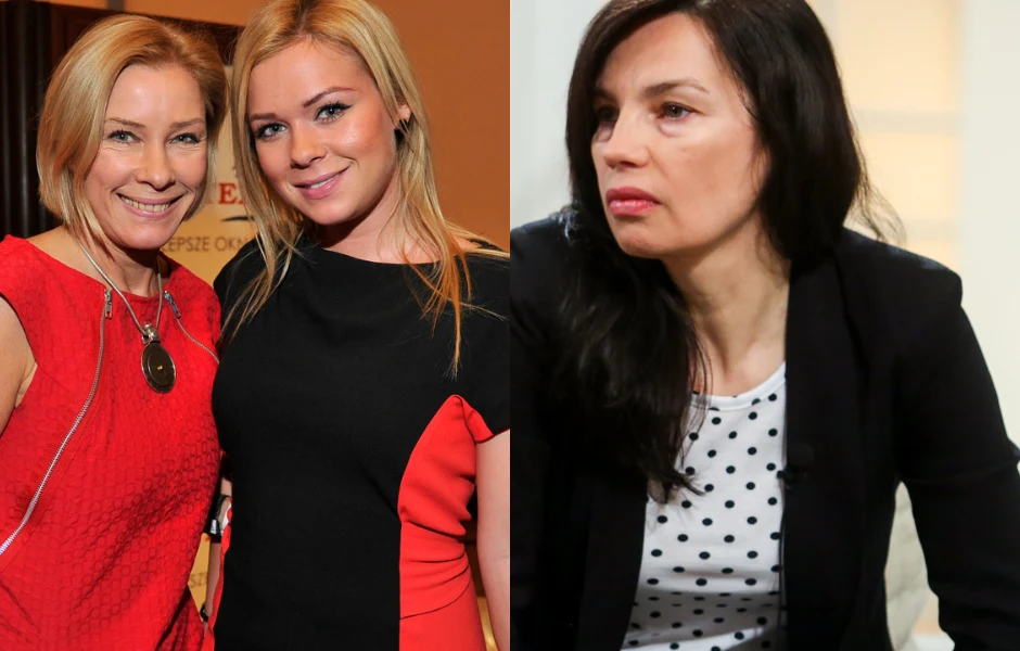 Macocha przestała odzywać się do Weroniki po opublikowaniu przez Potocką książki "Obywatel i Małgorzata" Dwie kobiety pozujące razem do zdjęcia, obie z jasnymi włosami i uśmiechnięte, obok kobieta z ciemnymi włosami ubrana w czarną marynarkę i białą bluzkę w czarne kropki, patrząca w bok z poważnym wyrazem twarzy.