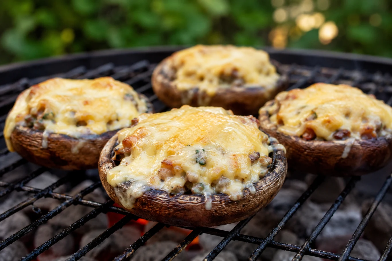 Cztery duże pieczarki z farszem warzywno-serowym, grillowane na ruszcie nad żarem węglowym.