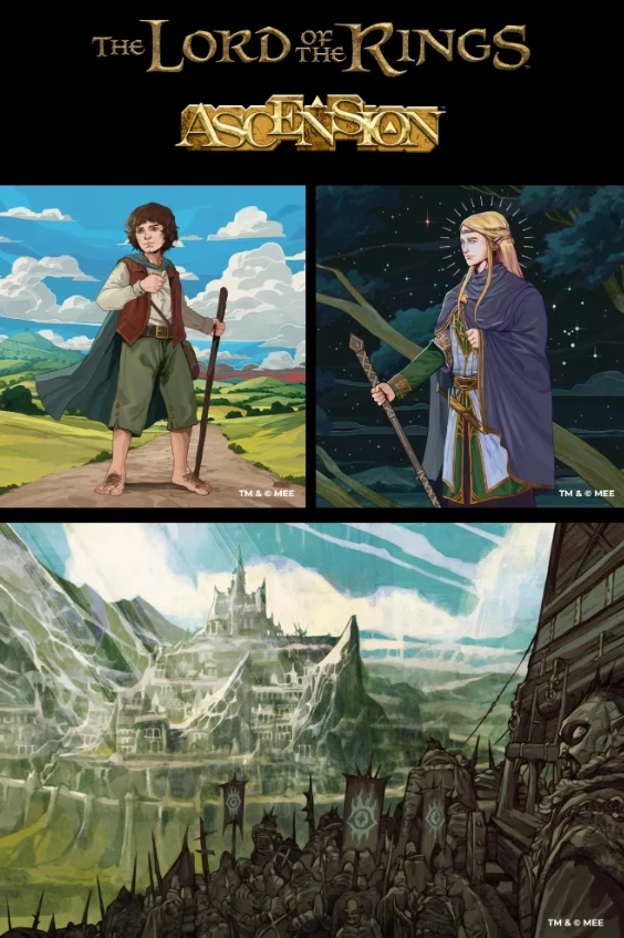 The Lord of the Rings: Ascension Frodo z pierścieniem na tle zielonych wzgórz, elfia królowa z berłem i koroną oraz rozległe białe miasto otoczone armią orków.