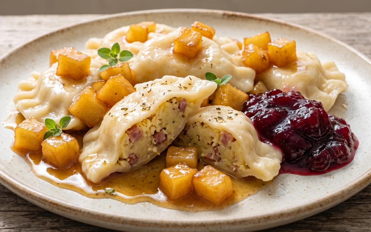Pierogi z ziemniakami, boczkiem i oscypkiem Pierogi wypełnione farszem, podane z karmelizowanymi kostkami jabłka oraz konfiturą z żurawiny.