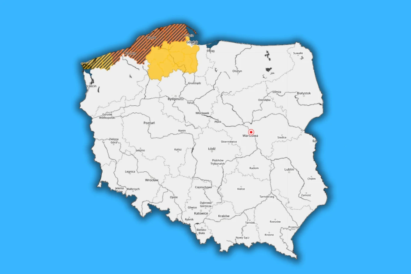 Mapa Polski z wyróżnionym na żółto regionem na północy kraju oraz zaznaczonymi ciemniejszymi pasami nad Bałtykiem.