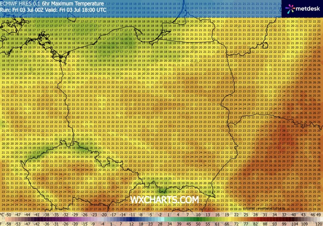 Mapa Polski z prognozą maksymalnej temperatury powietrza na konkretne godziny, z zaznaczeniem wartości temperatur na tle kraju oraz różnicą kolorów wskazującą cieplejsze i chłodniejsze regiony.