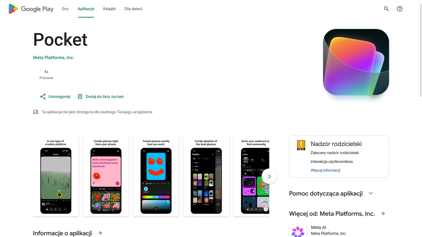 Ekran aplikacji Google Play z otwartą stroną Pocket autorstwa Meta Platforms, widoczna kolorowa ikona aplikacji oraz zrzuty ekranu prezentujące interfejs i funkcje Pocket na urządzeniach mobilnych.
