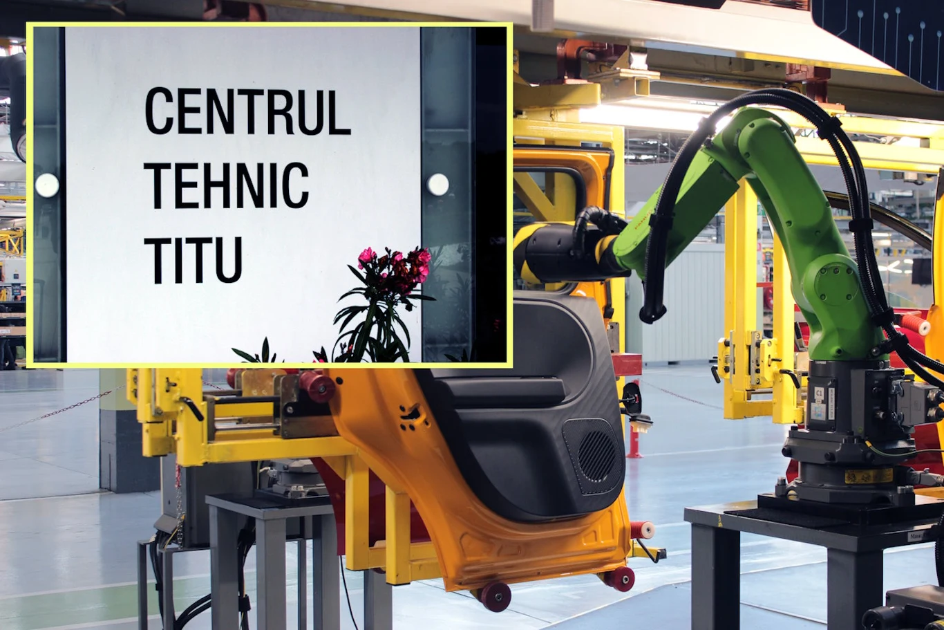 W Titu w Rumunii testowane są nowe auta Grupy Renault. Wstęp do kompleksu testowego jest ściśle ograniczony Ramię robota przemysłowego przy stanowisku montażowym w Centrum Technicznym Titu, w tle tablica i żółte elementy hali.