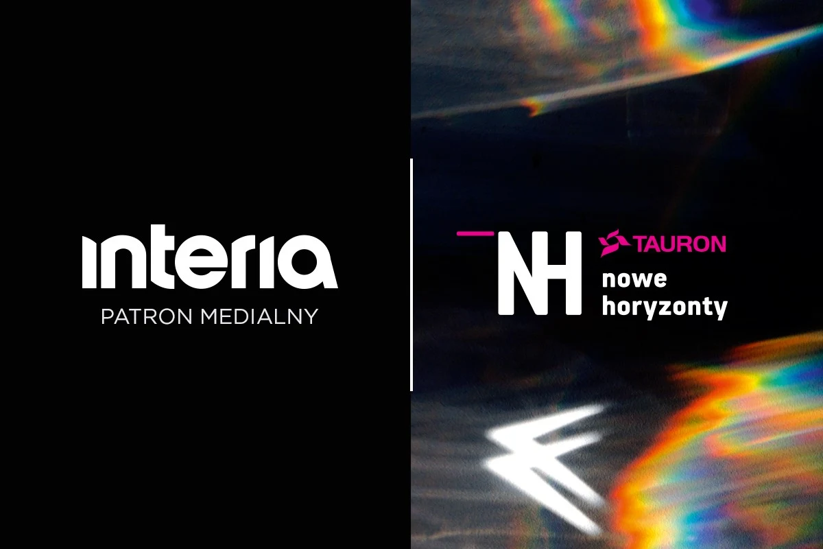 Interia patronem medialnym festiwalu TAURON Nowe Horyzonty Logo Interia z napisem 'Patron medialny' obok logo TAURON Nowe Horyzonty na tle kolorowych świateł.