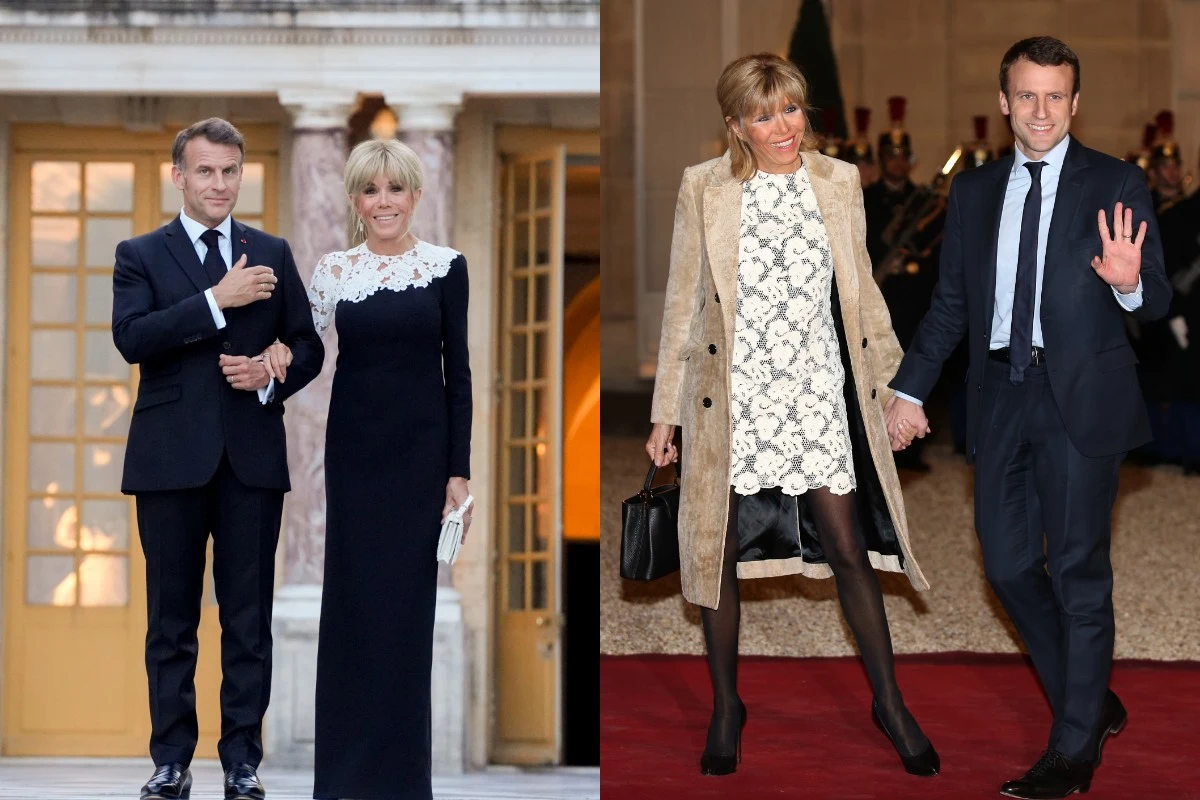 Elegancka para ubrana w wieczorowe stroje, mężczyzna w ciemnym garniturze i kobieta w długiej sukni z białą koronką oraz w jasnym płaszczu na drugim zdjęciu, trzymają się za ręce i uśmiechają idąc po czerwonym dywanie.