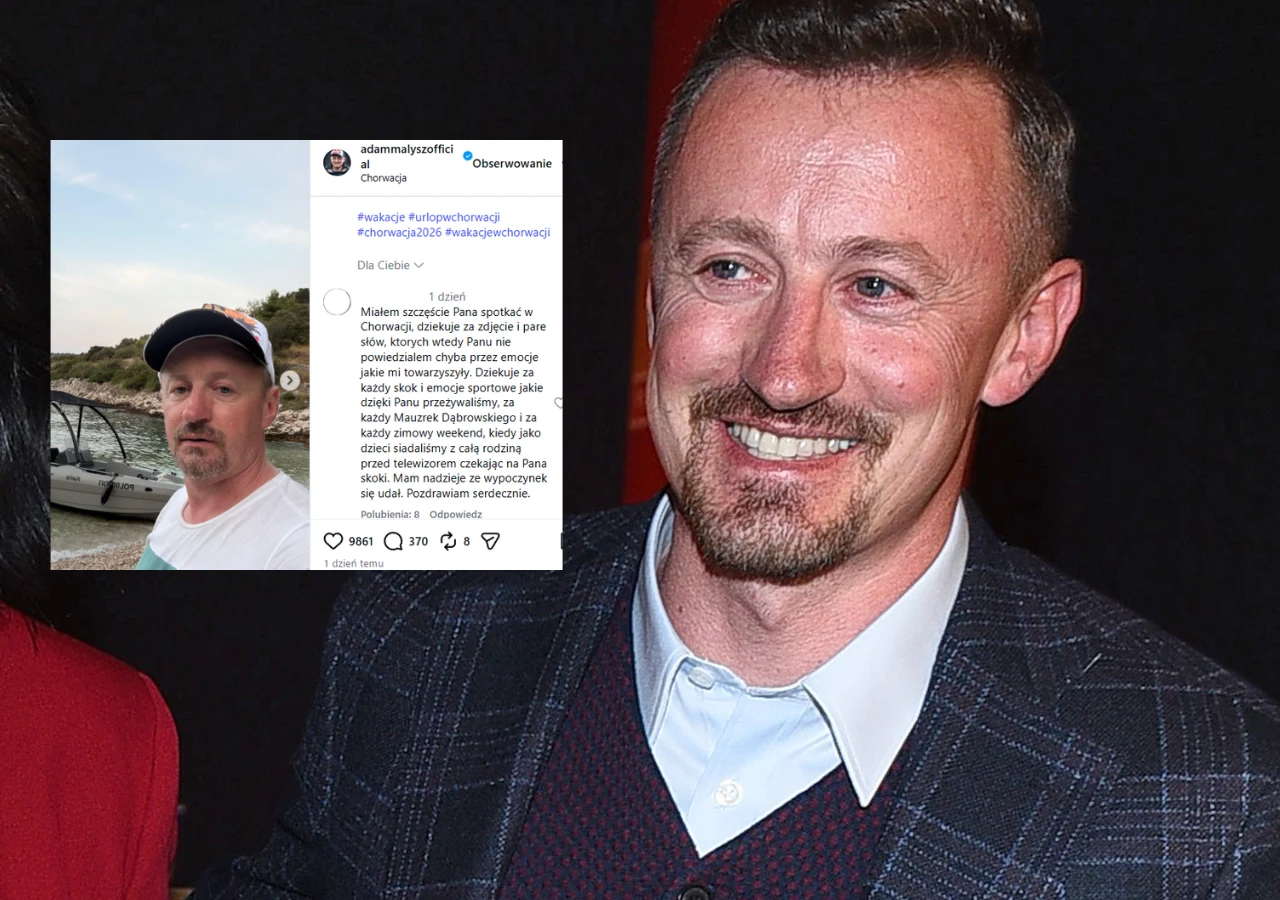 Adam Małysz Uśmiechnięty mężczyzna w garniturze na tle ciemnego tła, w lewym górnym rogu nałożone zdjęcie tej samej osoby pozującej w plenerze nad wodą i fragment ekranu z wpisem w mediach społecznościowych.