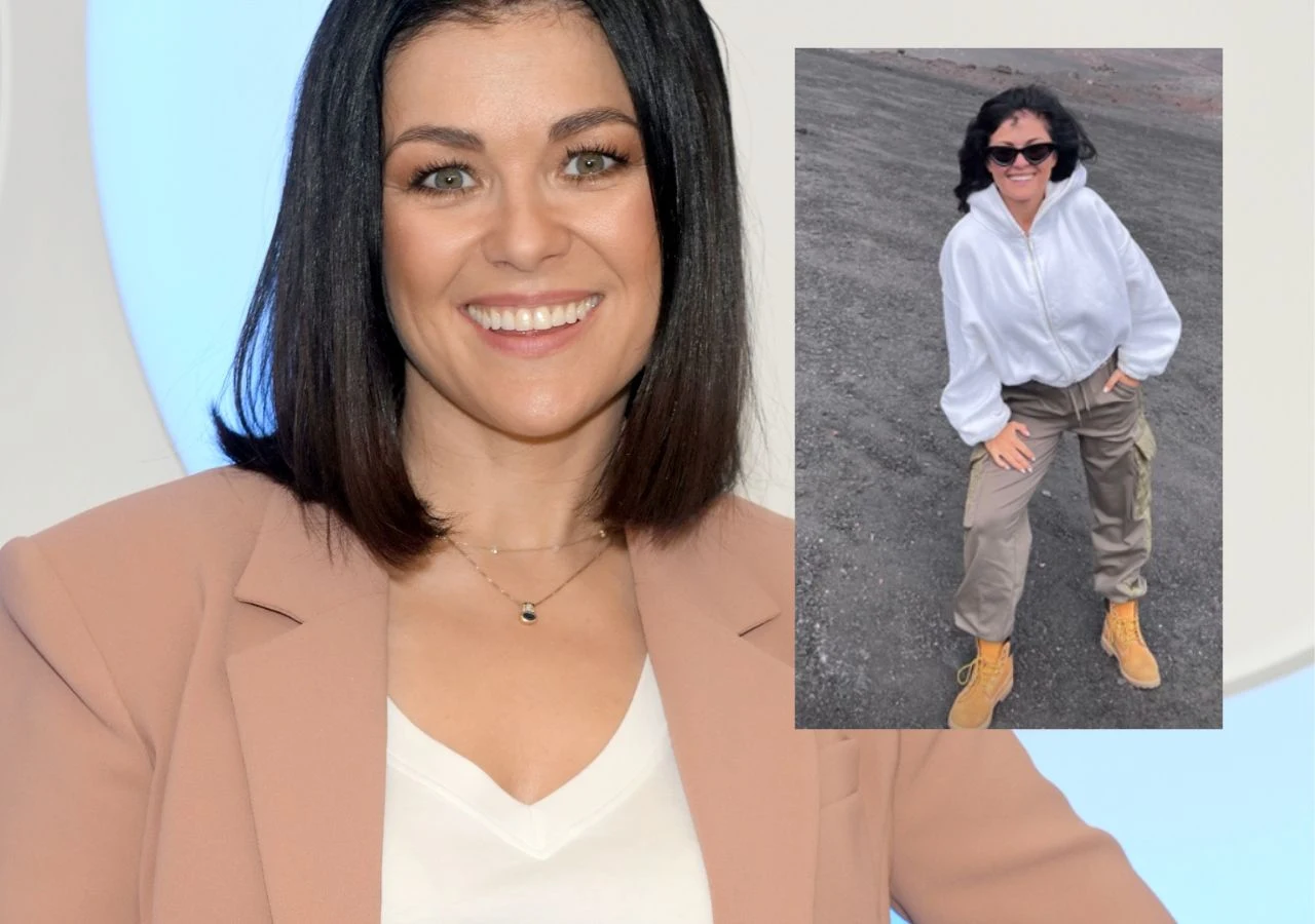 Kasia Cichopek relacjonuje wyprawę, a fani gratulują. Uśmiechnięta kobieta z ciemnymi włosami w jasnoróżowej marynarce na tle jasnego okręgu, obok wstawione zdjęcie tej samej kobiety w białej bluzie, beżowych spodniach cargo i żółtych butach, stojącej na szarym podłożu i noszącej okulary przeciwsłoneczne.