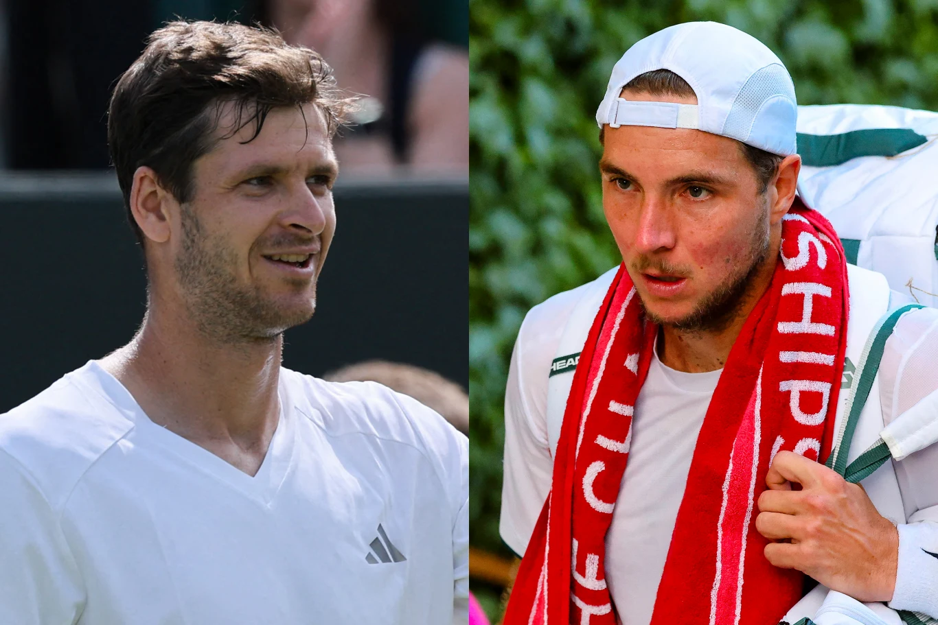 Dwóch mężczyzn w sportowych strojach tenisowych, jeden z lekko zmierzwionymi włosami i uśmiechem, drugi ze skupioną miną i czerwoną ręcznikiem przewieszonym przez szyję.