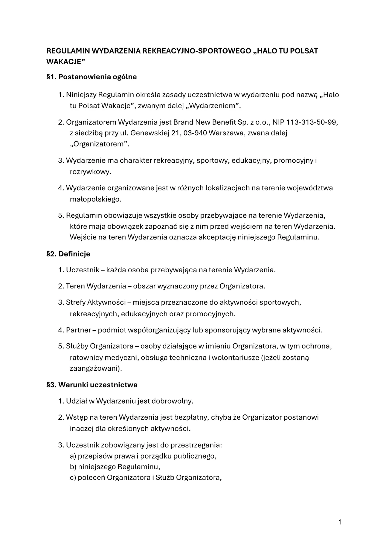 Fragment regulaminu wydarzenia rekreacyjno-sportowego z wyraźnie zaznaczonymi sekcjami dotyczącymi postanowień ogólnych, definicji oraz warunków uczestnictwa, opatrzony nagłówkiem i uporządkowany w formie ponumerowanych punktów.