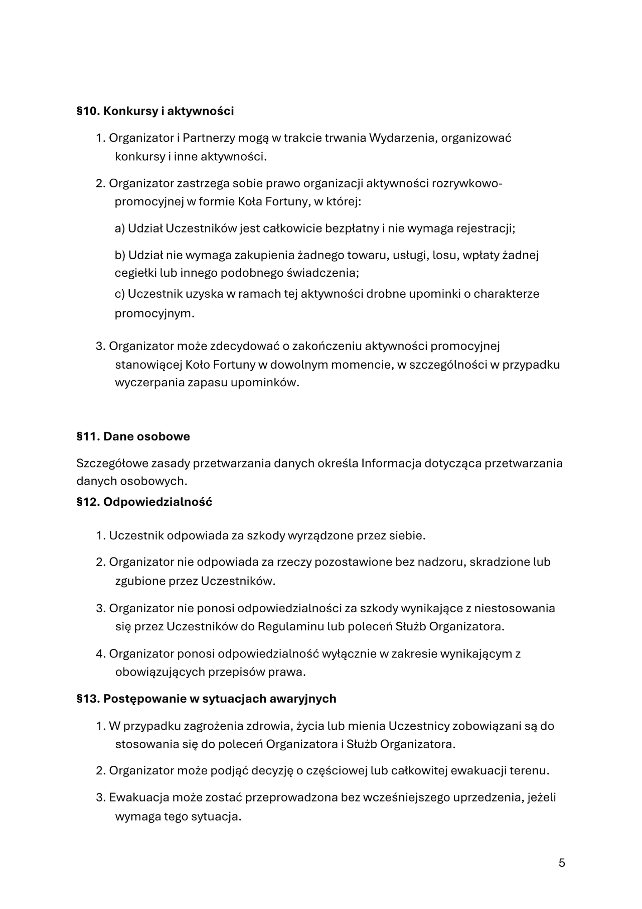 Strona dokumentu z regulaminem, obejmująca sekcje dotyczące konkursów i aktywności, zasad przetwarzania danych osobowych oraz odpowiedzialności organizatora i wyłączeń odpowiedzialności za szkody.