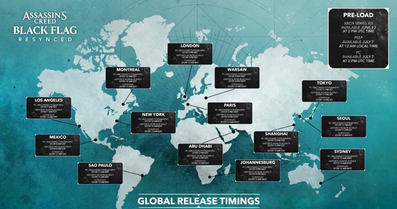 Mapa świata z zaznaczonymi miastami i informacjami o terminach globalnej premiery gry Assassin’s Creed Black Flag Resynced, przedstawiająca szczegółowe daty i godziny udostępnienia gry w różnych lokalizacjach, z wyraźnym podziałem na regiony oraz sekcj...