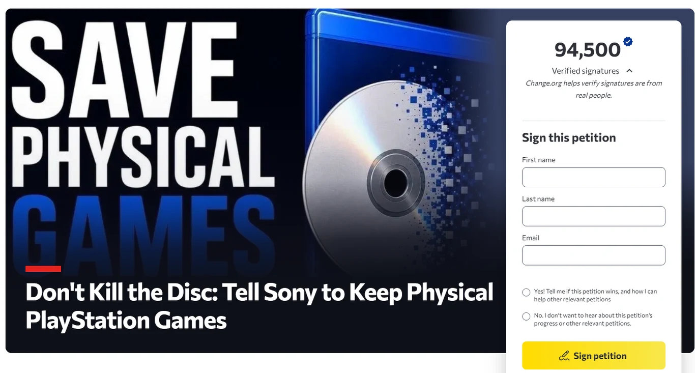 Duży napis SAVE PHYSICAL GAMES, grafika z płytą CD oraz formularz do podpisania petycji online w sprawie zachowania fizycznych gier PlayStation przez Sony.