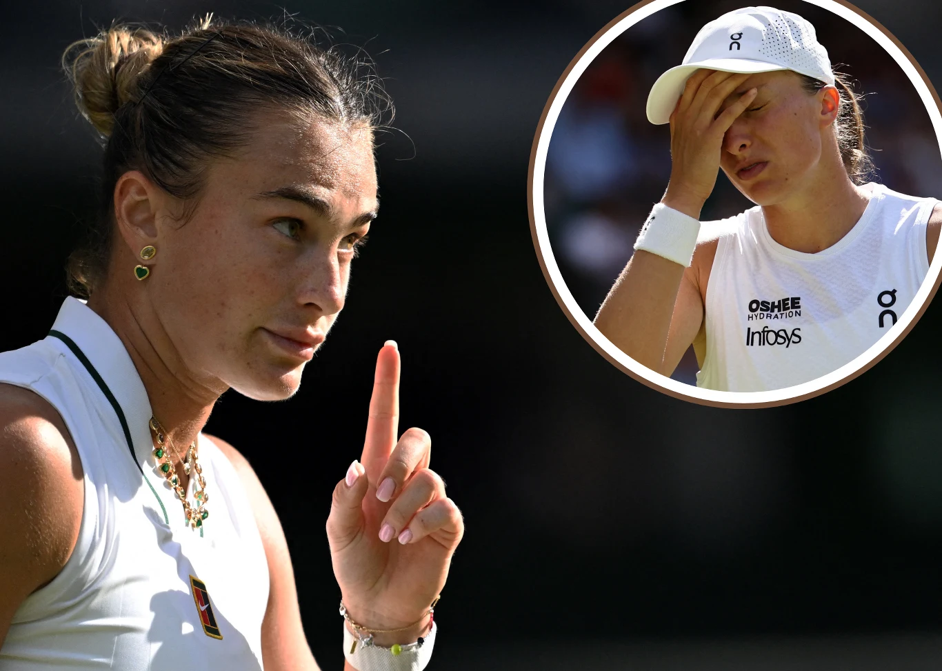 Wimbledon 2026. Na zdjęciu Aryna Sabalenka oraz Iga Świątek Aryna Sabalenka w białym stroju z uniesionym palcem oraz Iga Świątek w czapce zasłaniająca twarz dłonią.