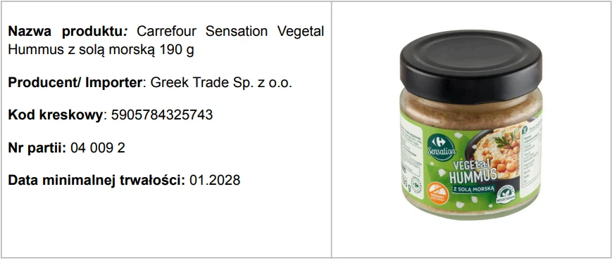 Słoik hummusu Carrefour Sensation Vegetal z solą morską o pojemności 190 g, z czarną nakrętką, oznaczony etykietą producenta Greek Trade Sp. z o.o.