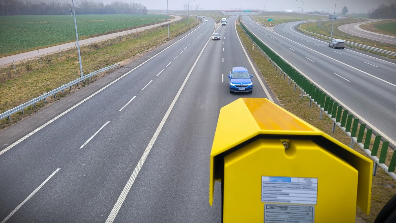 Nowy odcinkowy pomiar prędkości na S5 w miesiąc zarejestrował 696 wykroczeń. Fotoradar odcinkowego pomiaru prędkości na S5 przy pustej autostradzie, pojedynczy niebieski samochód na lewym pasie.