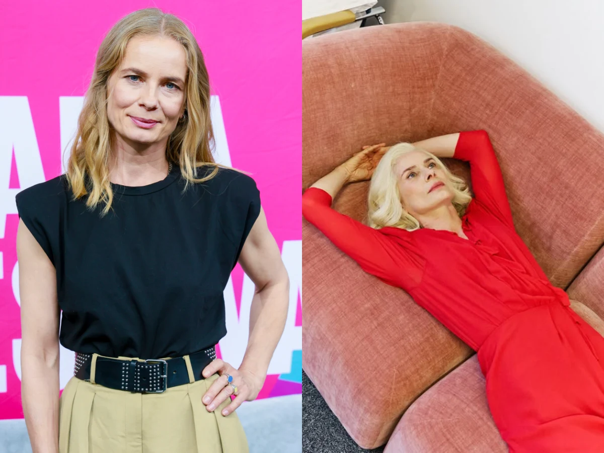 Magdalena Cielecka, fot. https://www.instagram.com/cielecka_magda.official/?hl=pl Dwie kobiety: jedna stoi na tle różowej tablicy w czarnej bluzce i beżowych spodniach z paskiem, druga leży na różowej sofie ubrana w czerwoną sukienkę z rozpuszczonymi jasnymi włosami.